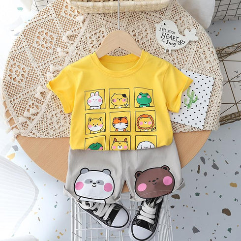 Cartoon Round Neck Short Sleeve Set Baby Sports Shorts Two-piece Set
